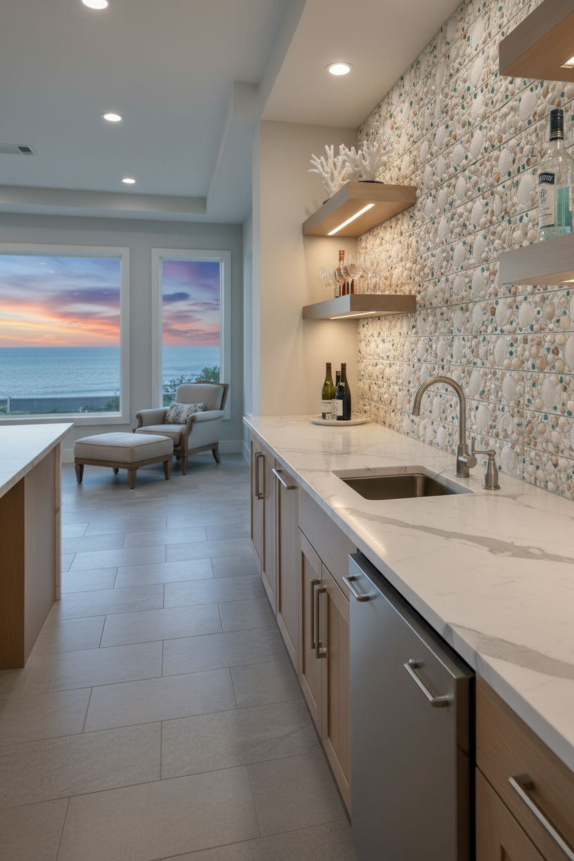 Shell Tile with Blue Sea Glass Accents 4x12”, Luxury Shell Tile