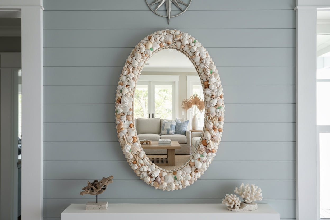 Oval Seashell Mirror with Light Green Seaglass