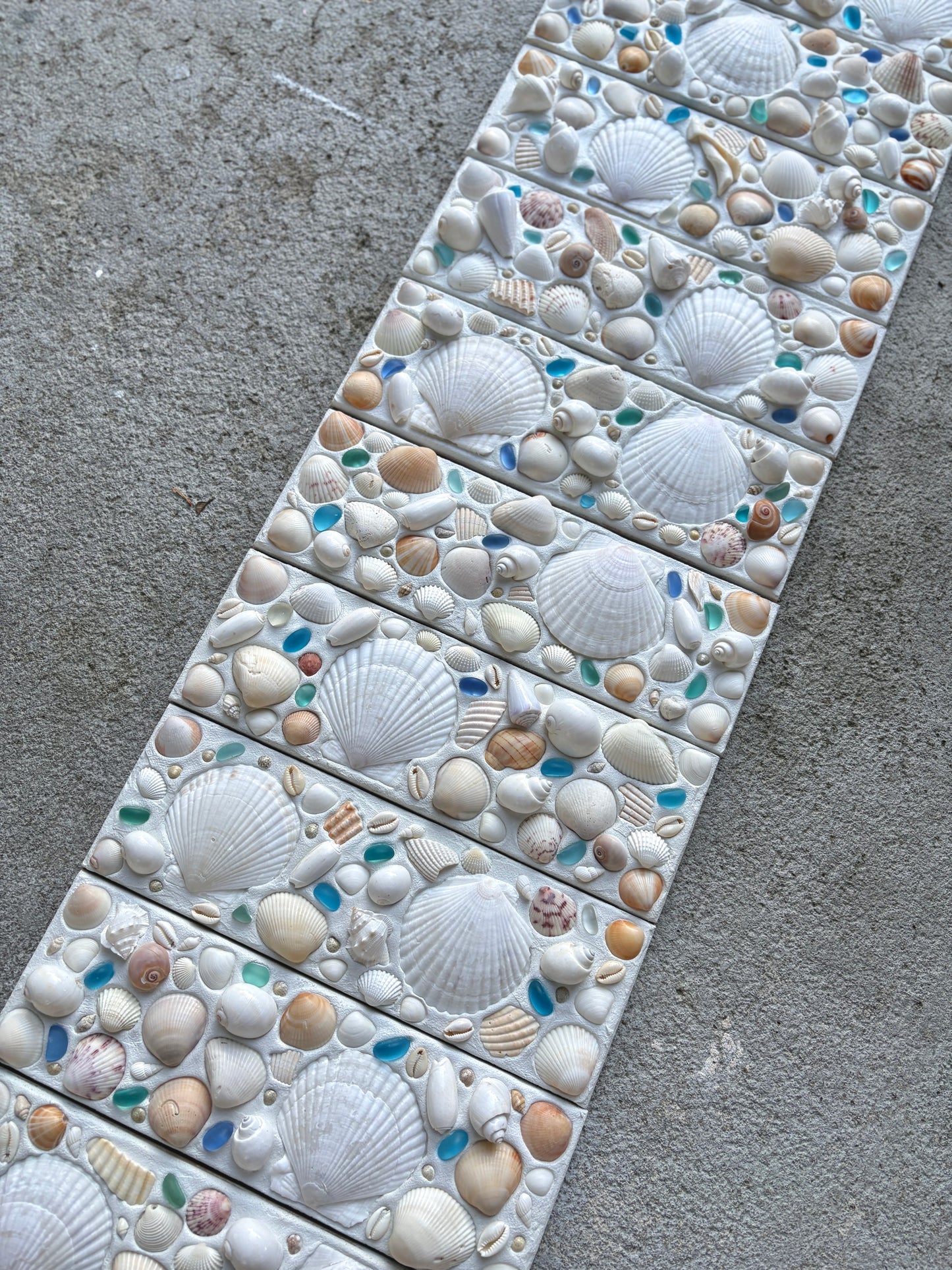 Shell Tile with Blue Sea Glass Accents 4x12”, Luxury Shell Tile