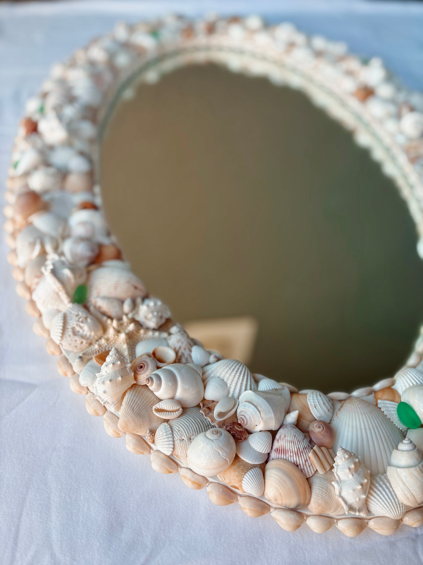 Oval Seashell Mirror with Light Green Seaglass