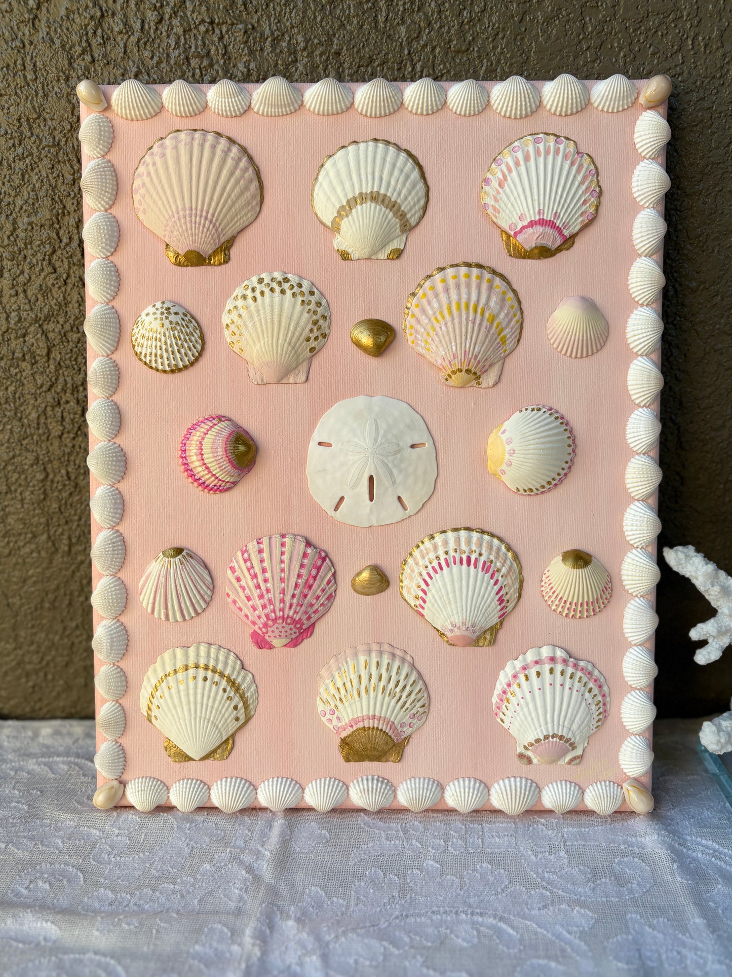 Pink Shell Wall Art on Blush Canvas - 11x14”