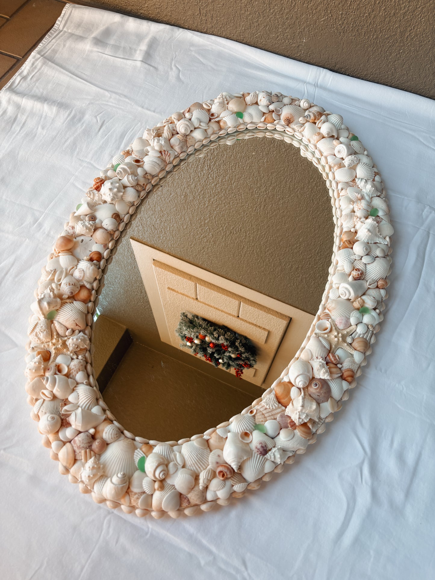 Oval Seashell Mirror with Light Green Seaglass
