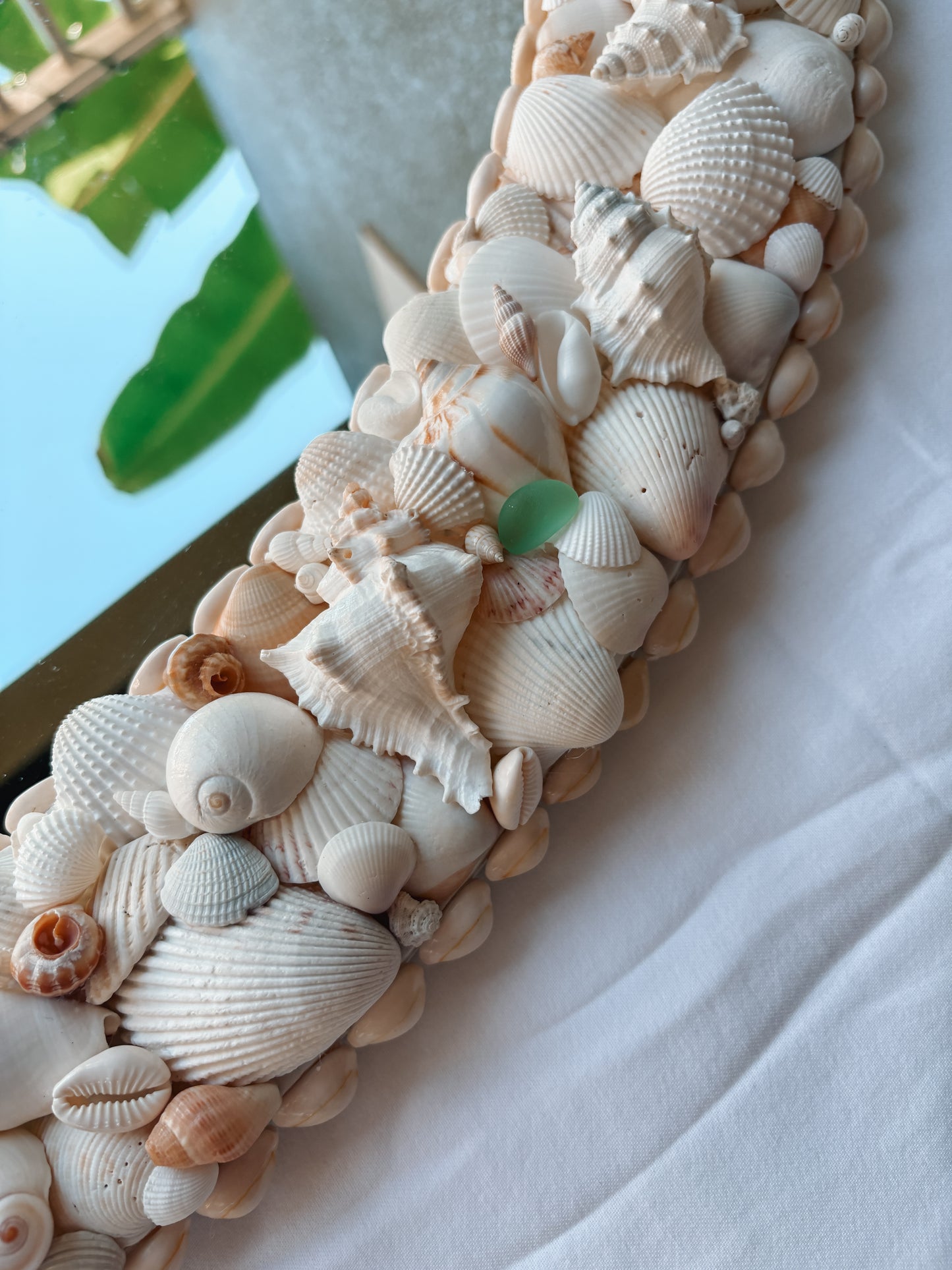 Oval Seashell Mirror with Light Green Seaglass