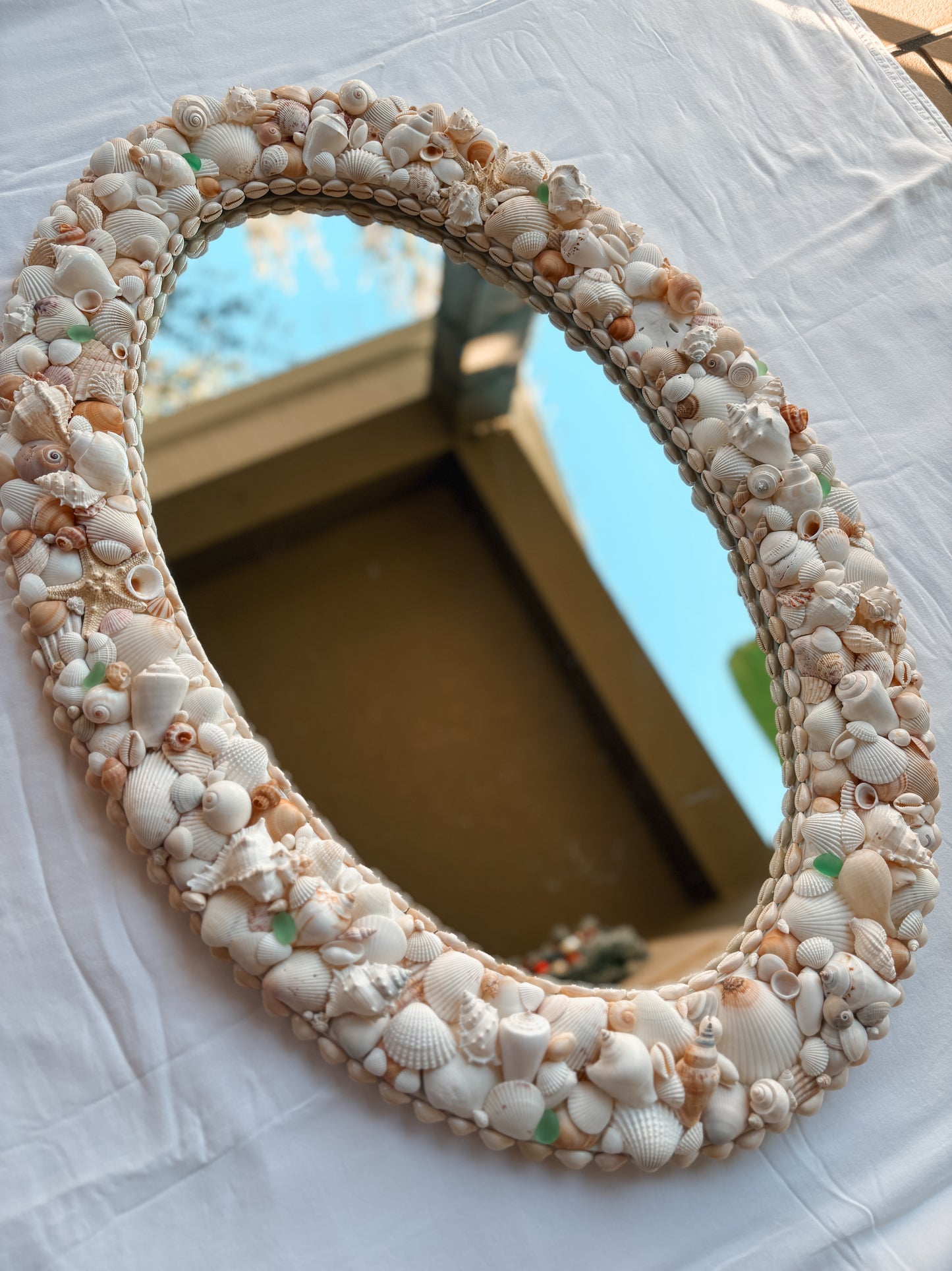Oval Seashell Mirror with Light Green Seaglass