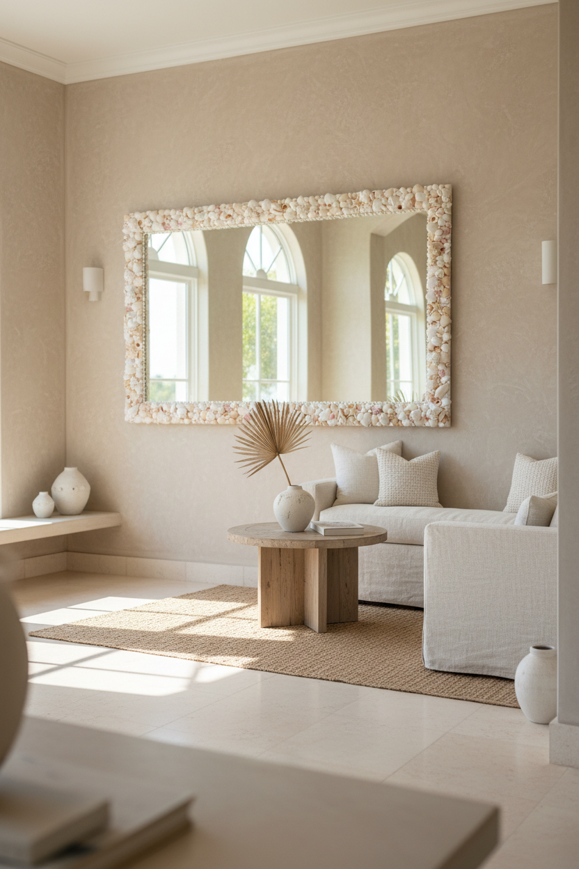 Coastal Shell Mirror – Large Neutral Seashell Vanity Wall Mirror