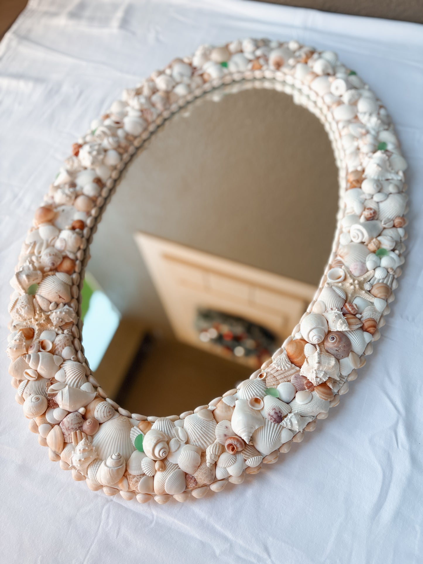 Oval Seashell Mirror with Light Green Seaglass