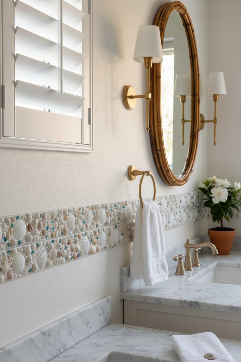 Shell Tile with Blue Sea Glass Accents 4x12”, Luxury Shell Tile