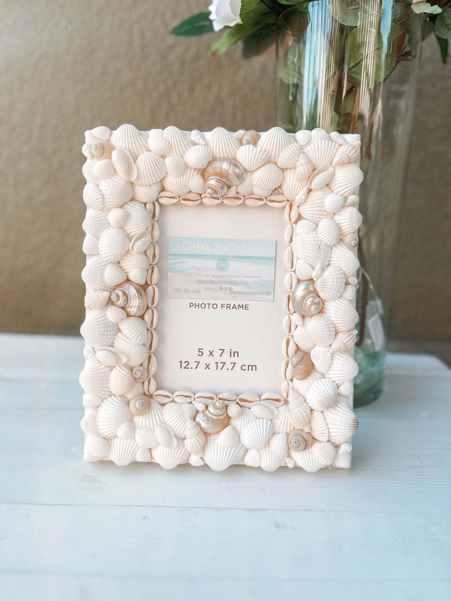 White Seashell Picture Frame with Pearlized Turbos, 4x6, 5x7, 8x10