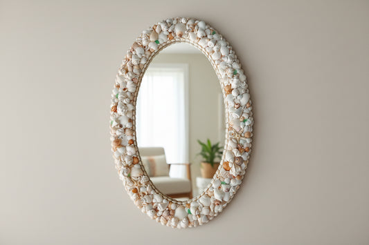 Oval Seashell Mirror with Light Green Seaglass