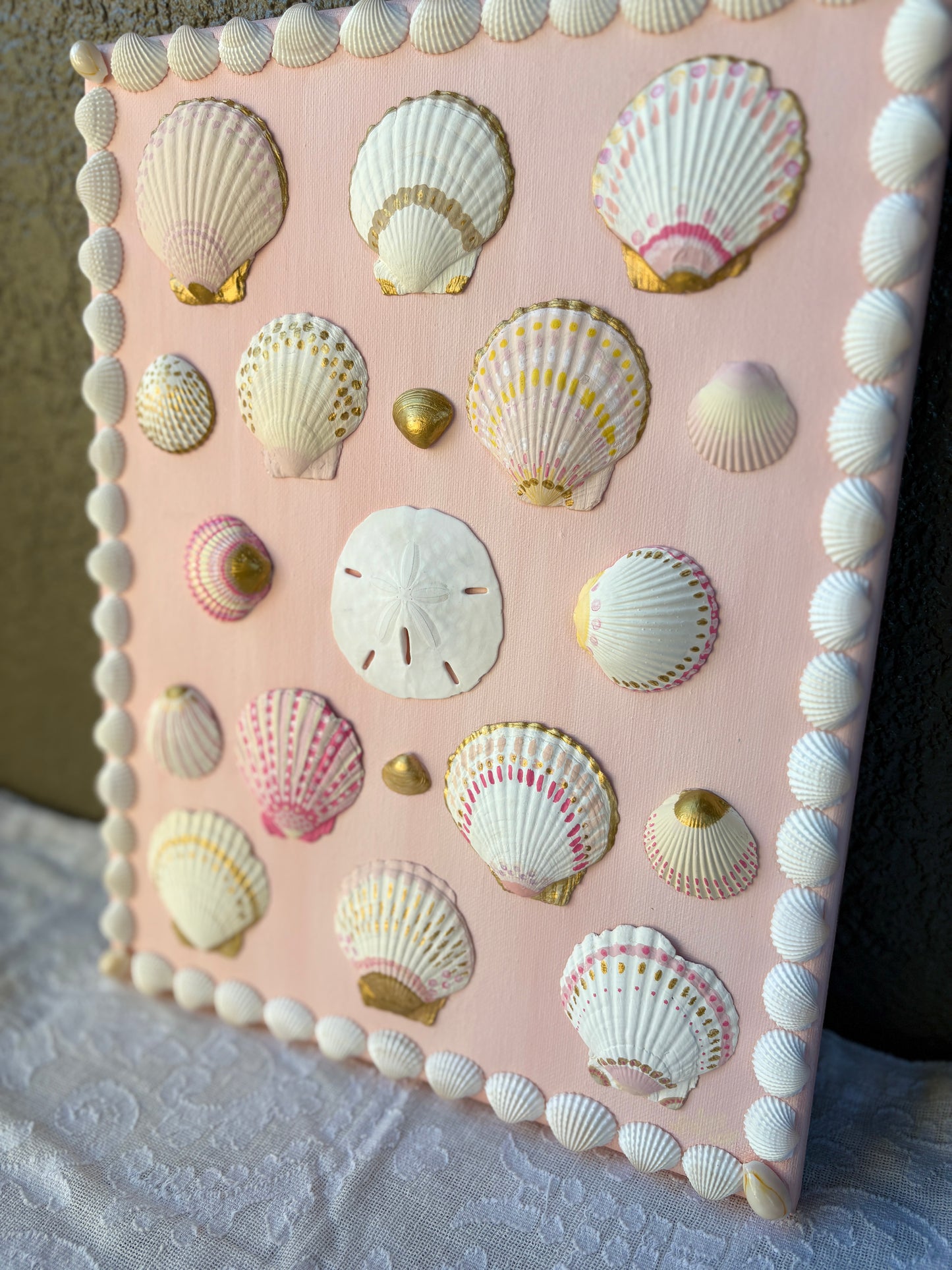 Pink Shell Wall Art on Blush Canvas - 11x14”