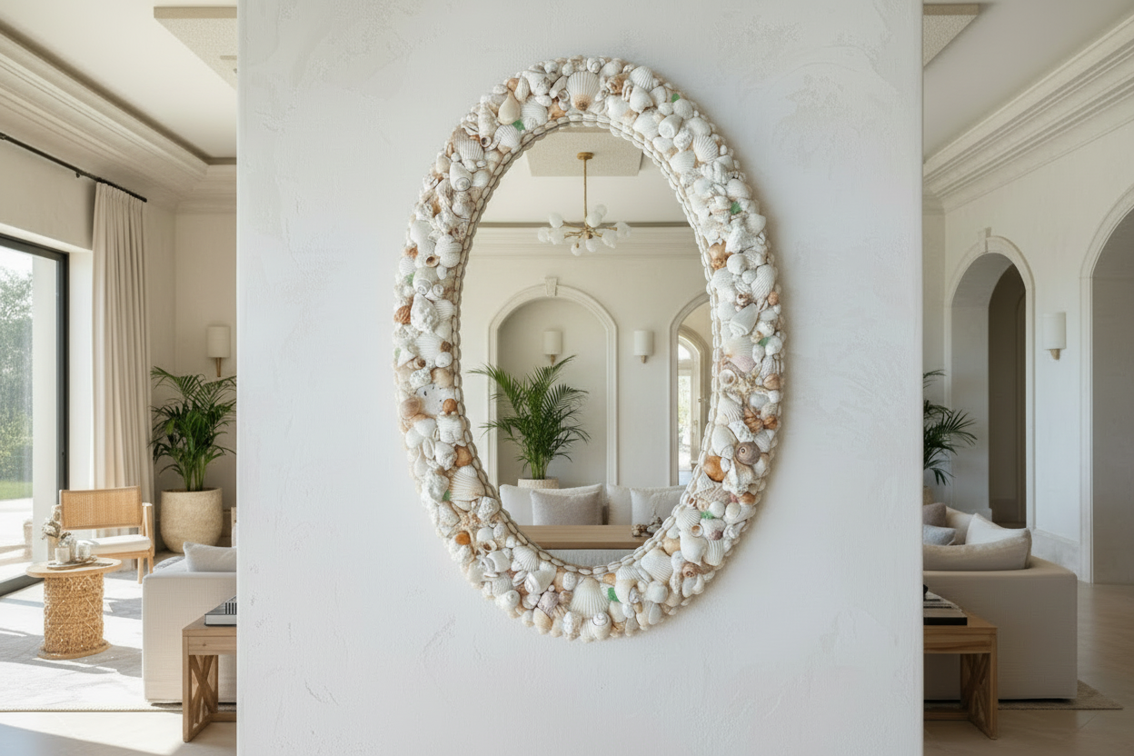 Oval Seashell Mirror with Light Green Seaglass