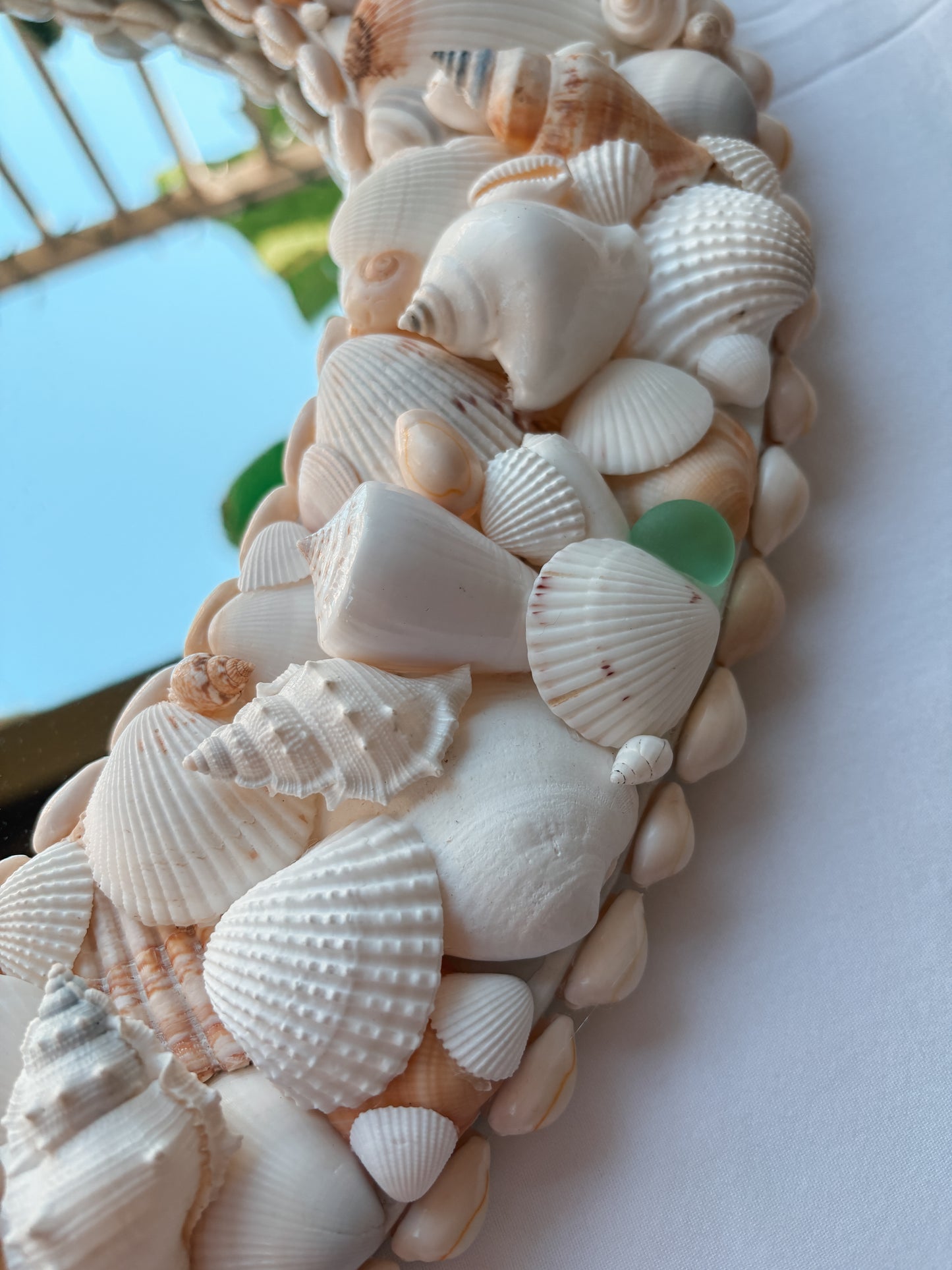 Oval Seashell Mirror with Light Green Seaglass