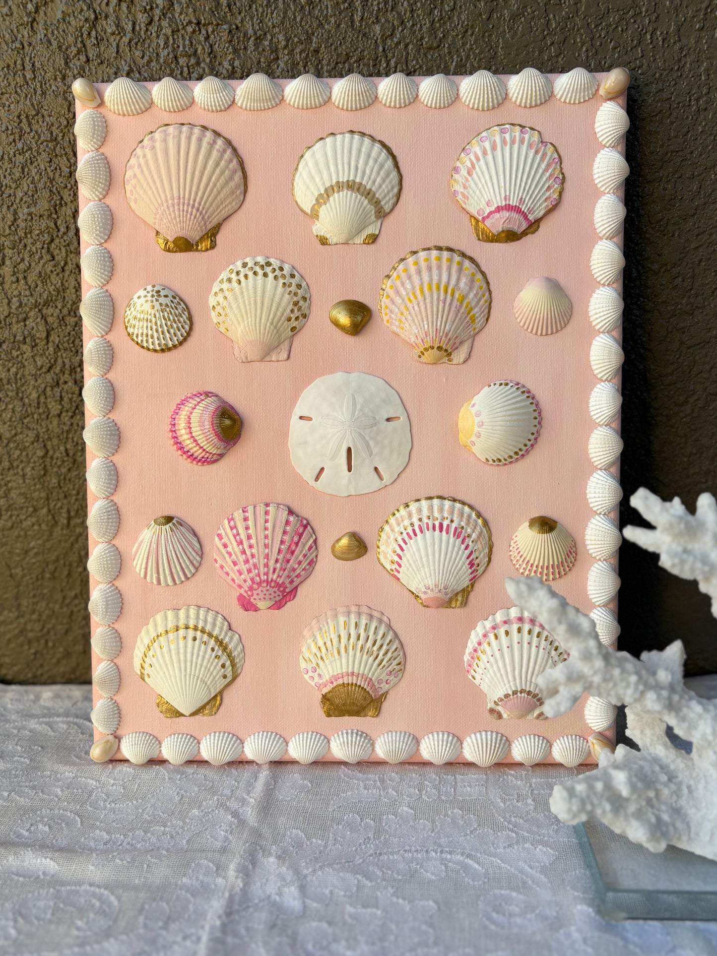Pink Shell Wall Art on Blush Canvas - 11x14”