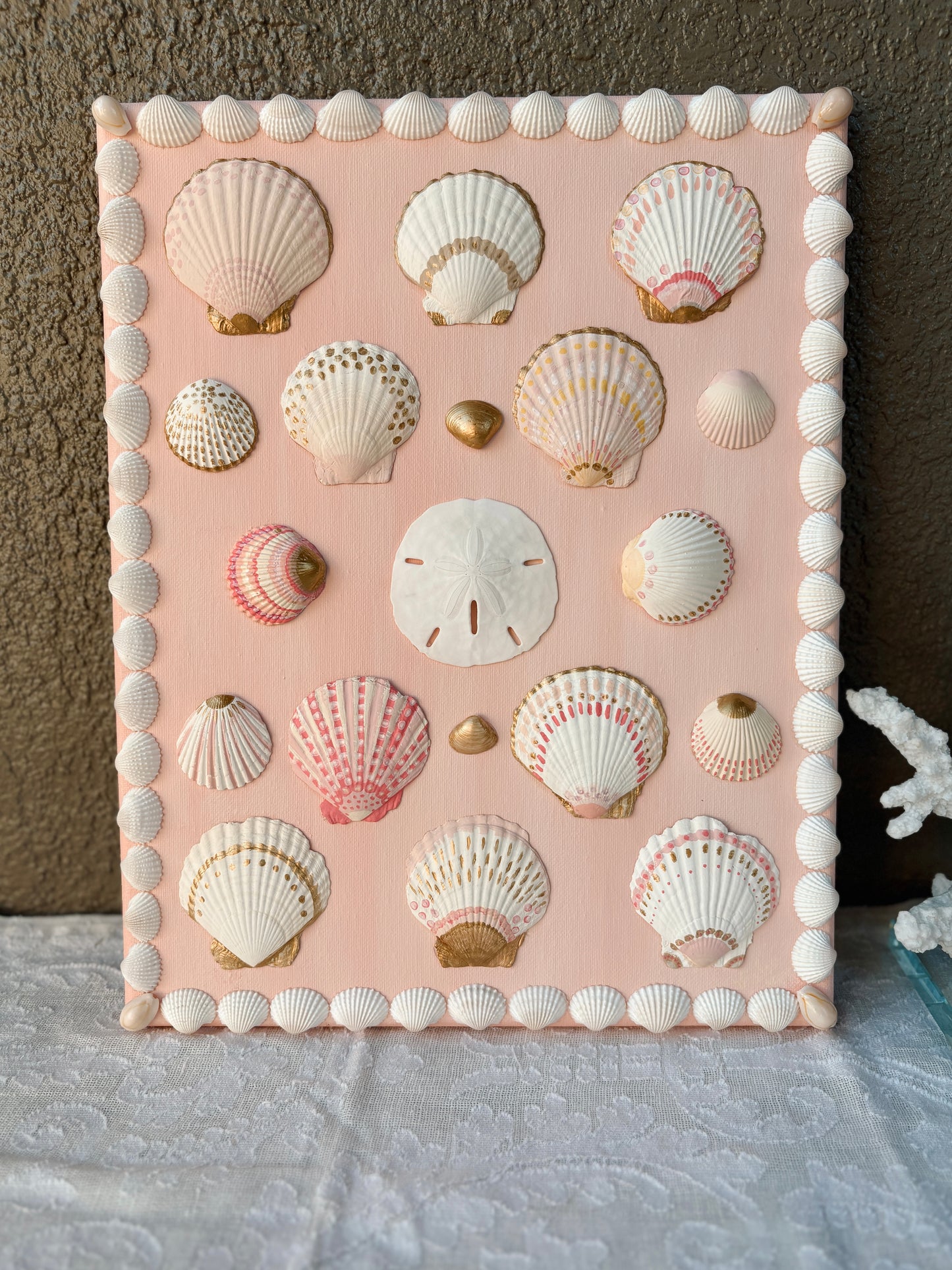 Pink Shell Wall Art on Blush Canvas - 11x14”