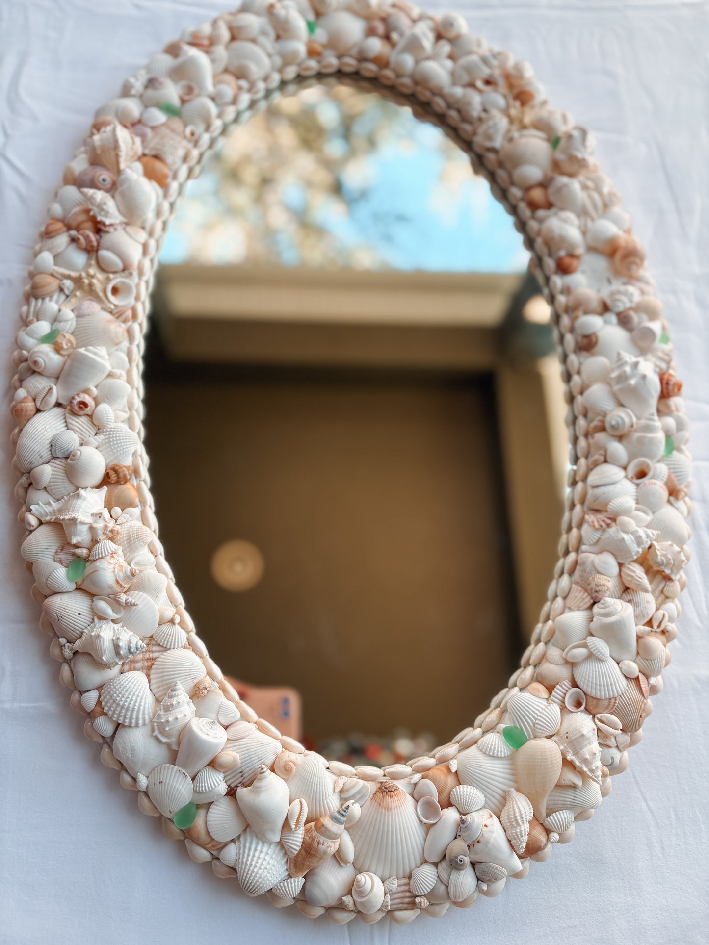 Oval Seashell Mirror with Light Green Seaglass